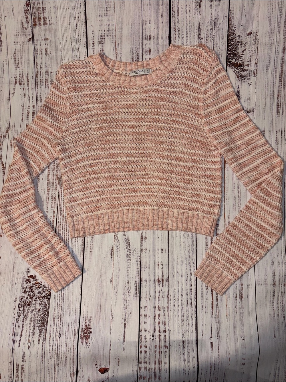 Large Arizona Jean Company Pink & Cream “Striped” Cropped Crewneck Sweater